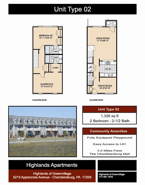 Floor plan for 2 beds, 2.5 baths, 1340 sqft